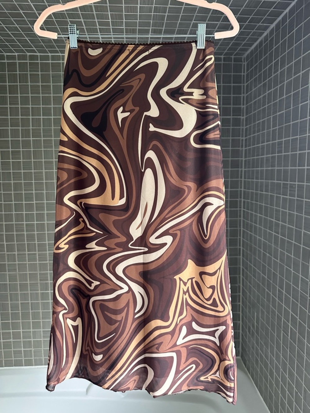 Midi Slip Skirt in Brown Swirl Print